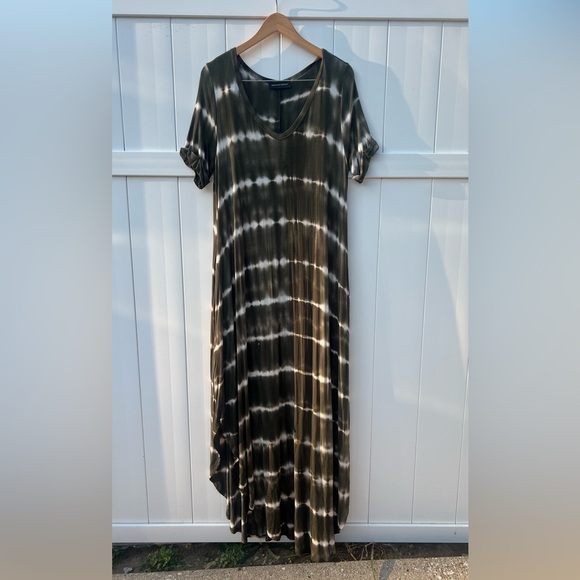 Green and White Maxi Dress, Tie Dye with pockets, Jersey knit stretch Large long - Picture 2 of 9